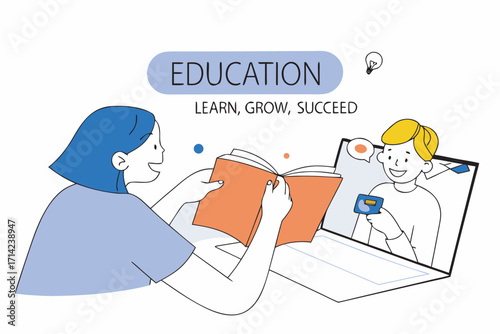 Online education and virtual learning experience with book and video call illustration