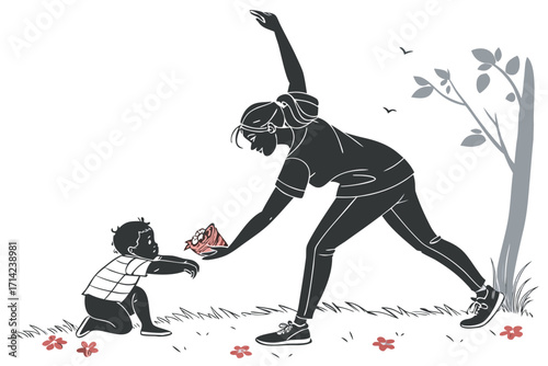 Mother giving child flower in nature black and white illustration
