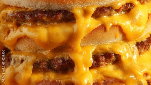 Closeup of juicy burger with lot of melting cheese dripping over grilled beef patty, fresh bun, delicious fast food meal, gourmet snack concept with tasty melted cheddar detail