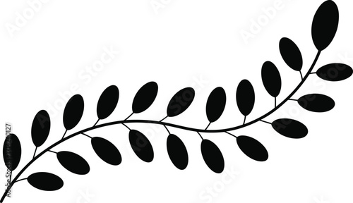 Black Silhouette of a Curving Branch with Oval Leaves