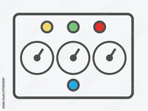 A simplified illustration of a control panel with three gauges, indicator lights, and a button.