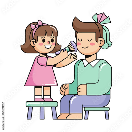 Cute illustration of a young girl applying makeup to a man, depicting playful bonding and family fun