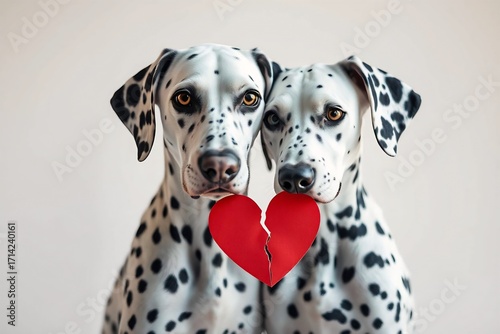 Two Dalmatians in studio on white background, one holding a red broken paper heart, symbolizing love and separation.
