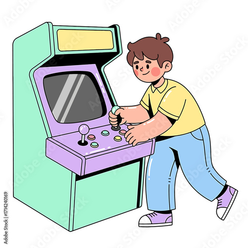 Young Boy Playing Arcade Game A Nostalgic Illustration of Classic Gaming Fun