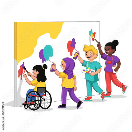 Diverse group of children with disabilities and without, happily painting on a large canvas, celebrating creativity and inclusion