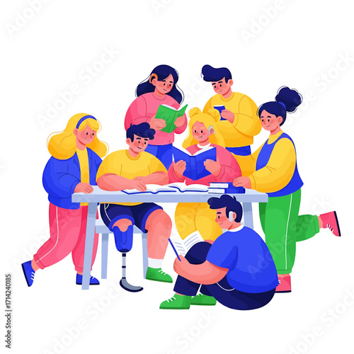 A diverse group of young students learning together, showcasing teamwork, inclusive education, and modern study habits with books and technology