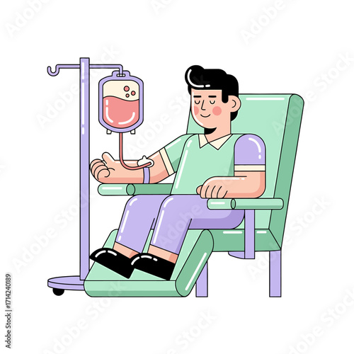 Medical illustration of a kind-hearted man in a hospital clinic, comfortably seated in a chair, making a selfless contribution through blood donation to help patients and save lives