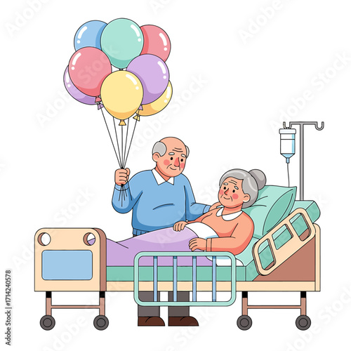 A heartwarming illustration of a devoted elderly husband visiting his sick wife in a hospital bed, bringing a cheerful bunch of colorful balloons to show his love and support