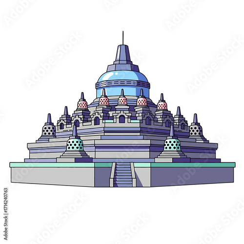 Detailed vector illustration of a grand Buddhist stupa temple, a sacred Asian architectural monument for spiritual pilgrimage and worship