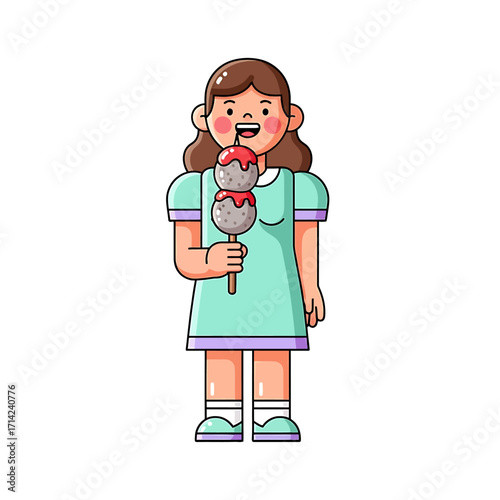 Illustration of a young girl joyfully eating a sweet treat on a stick
