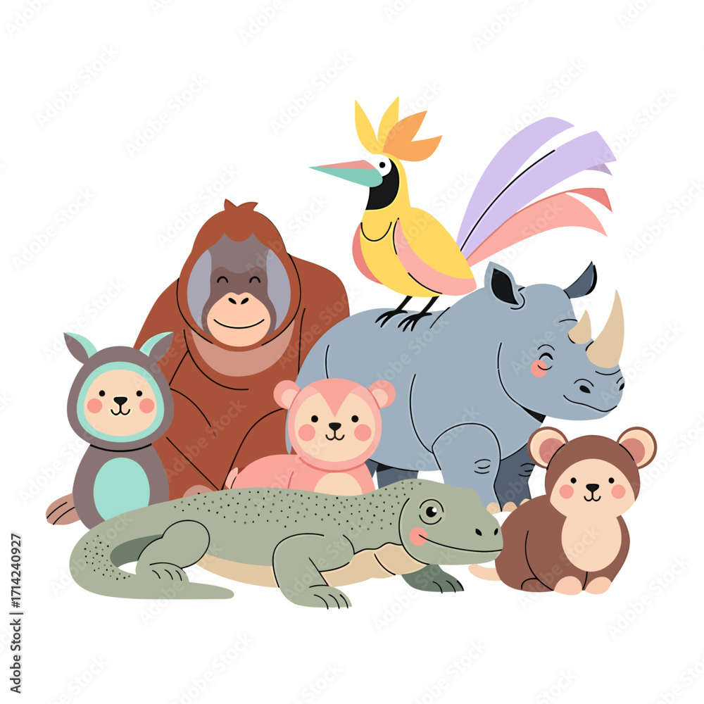 Naklejka premium Collection of cartoon jungle animals including orangutan, rhino, monkey, lizard, and exotic bird illustration