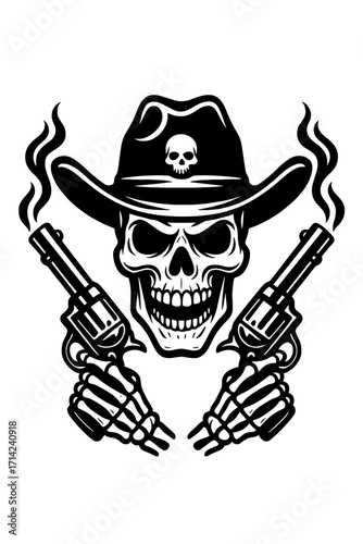 Cowboy skull wearing hat with crossed revolvers, bold black and white Western outlaw vector design
