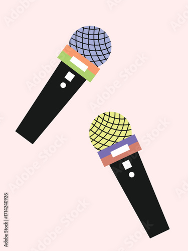 Two colorful microphones, one purple and one yellow, against a light pink background.