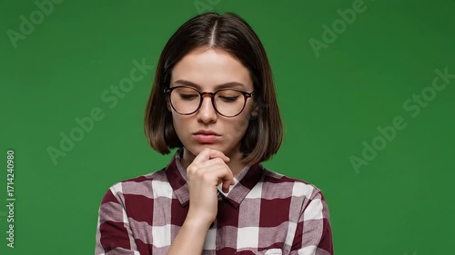 Thoughtful young woman with glasses and plaid shirt against green background