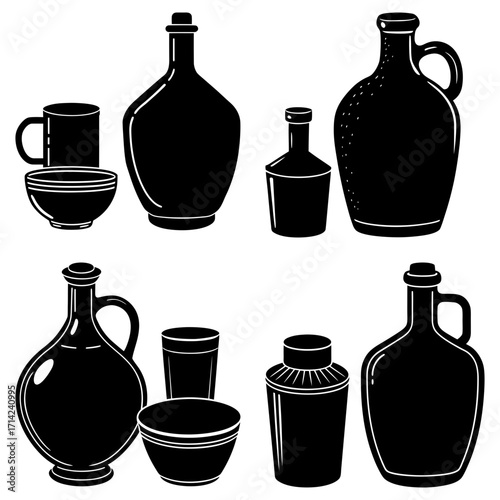 Illustration of various black silhouette containers including bottles bowls mugs and jugs on a white background