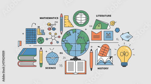Educational infographic template with globe, lightbulb, and subject icons