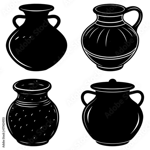 Collection of four black and white vector drawings of different shaped vases and pots in silhouette style