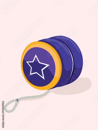 A blue yo-yo with a white star design and yellow trim rests on a light pink surface.