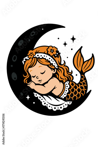 Adorable baby sleeping on crescent moon with stars, soft and peaceful black and white bedtime illustration

