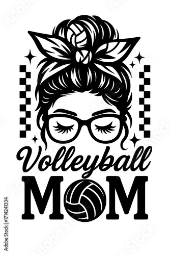Volleyball mom with messy bun, sunglasses, and volleyball reflection, playful black and white sports parent design

