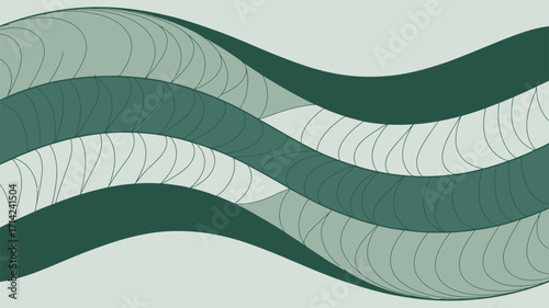 Abstract illustration of wavy lines with repeating patterns in shades of green and light gray