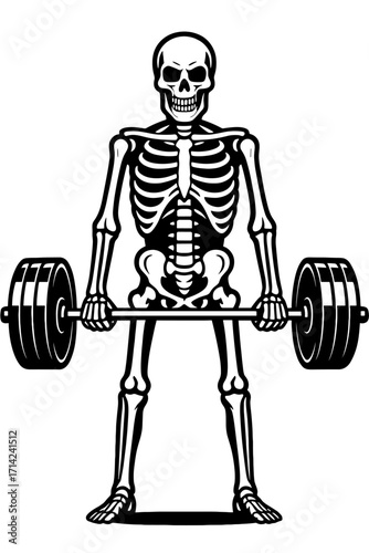 Skeleton weightlifter lifting barbells with a wide stance, bold black and white gym and fitness illustration with a spooky twist
