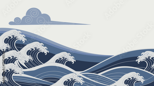 Japanese wave and cloud vector illustration in indigo and white with sky