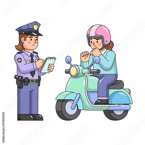 Illustration of a police officer writing a ticket for a person on a scooter, depicting traffic violation and consequence