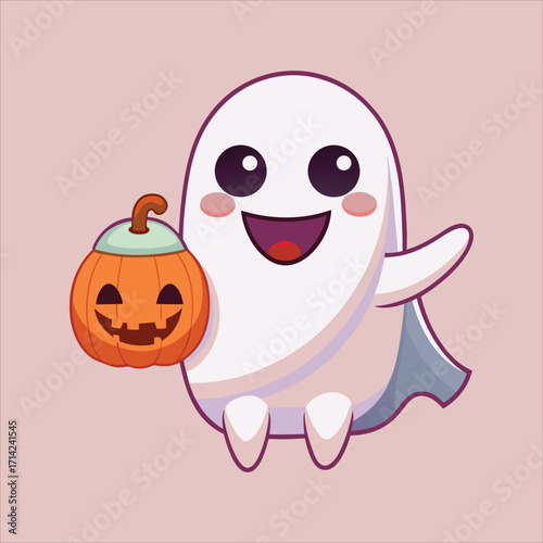 Cute Ghost Holding Pumpkin Lantern