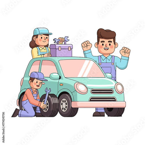 Team of car mechanics working on vehicle, offering repair services and solutions for automotive problems