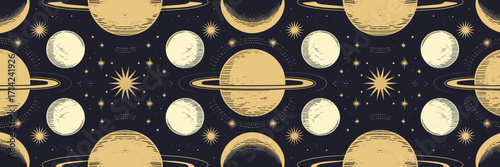 Vector celestial pattern with gold stars, moons, and planets on navy background