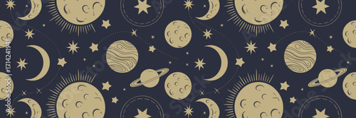 Seamless celestial pattern with moons, stars, and planets in gold and navy palette
