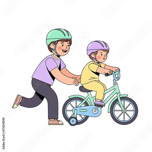 Father helps child learn to ride a bike, supporting from behind in a heartwarming scene