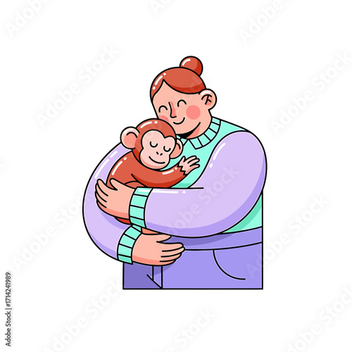 Illustration of a woman tenderly holding a baby monkey, conveying love and care between human and animal