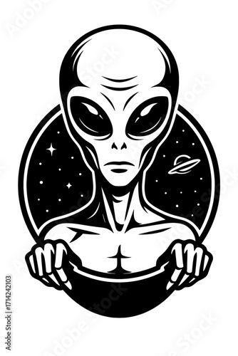 Mysterious alien figure with large eyes, hands on table, and cosmic star background in black and white sci-fi style
