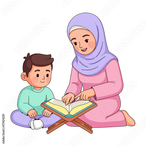 Muslim Mother Teaching Her Son How to Read the Holy Quran