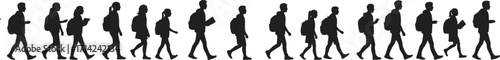 Silhouette sequence of person walking with backpack, multiple stride positions, human motion study, pedestrian movement, travel concept, animation reference