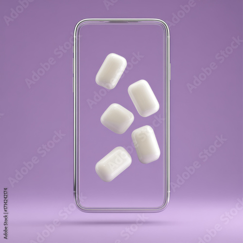 3D rendered smartphone with floating gum pieces in white and silver, representing digital freshness and mobile app with copy space