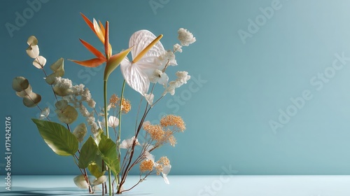 Minimalist Floral Arrangement with Bird of Paradise and White Anthurium on Blue Background
