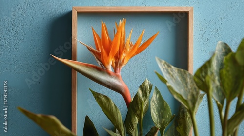 Bird of Paradise Flower Framed Against Textured Blue Wall
