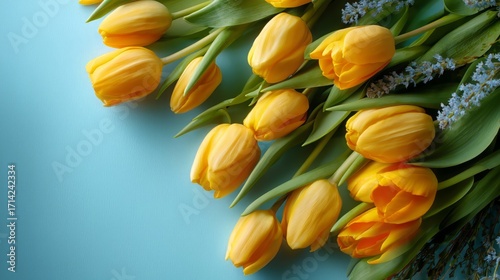 Bright Yellow Tulip Bouquet on Aqua Blue Background
