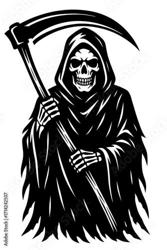 Classic grim reaper holding scythe in haunting black hooded cloak, depicted in bold black and white
