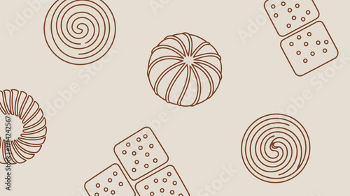 A simple brown line drawing of various cookie shapes on a light tan background in a pattern design