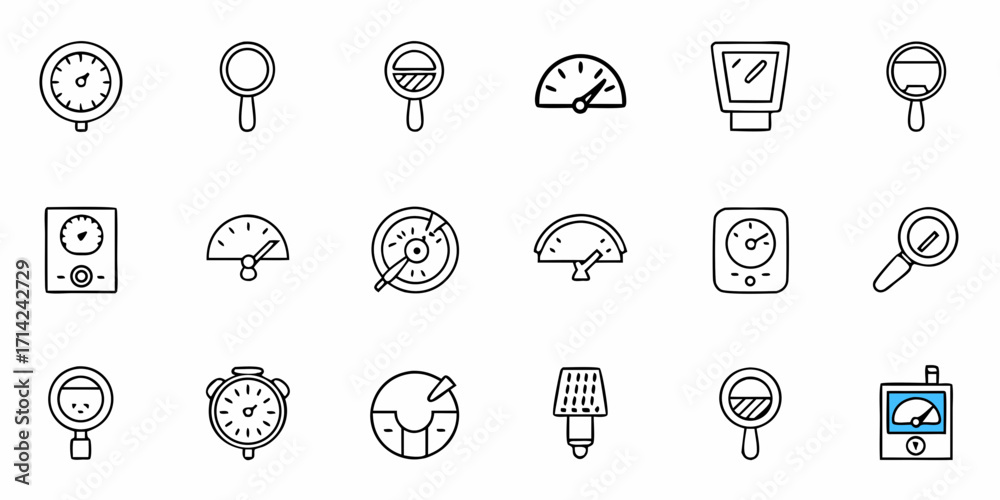 Fototapeta premium Collection of various measurement devices and tools in a line art style drawing on a white background