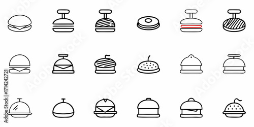 Collection of fifteen burger and food cover icons in outline style arranged on a white background