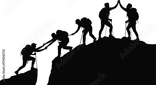 Silhouette, hikers, teamwork, mountain, climbing, adventure, outdoor, trekking, hiking, group, support, success, cooperation, helping, friends, journey, challenge, ascent