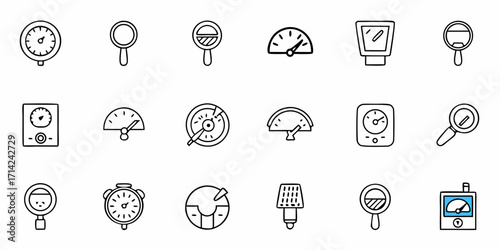 Collection of various measurement devices and tools in a line art style drawing on a white background