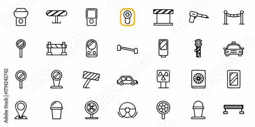 A collection of various transportation and safety related icons arranged in a grid pattern design style