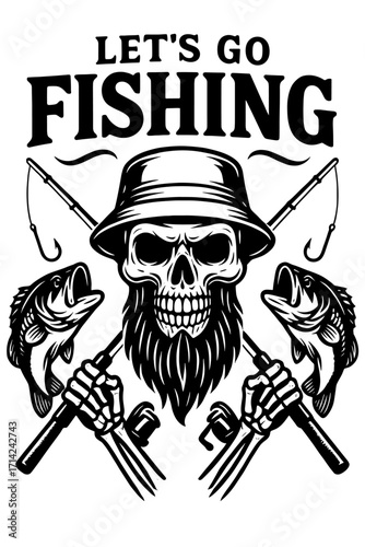 Skull fisherman wearing a hat with crossed fishing rods and fish below, in vintage tattoo-style black and white design
