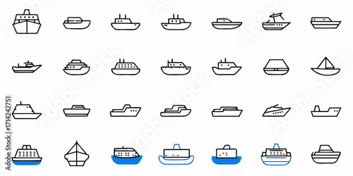 Collection of twenty seven boat illustrations in a grid format with varying styles and boat types